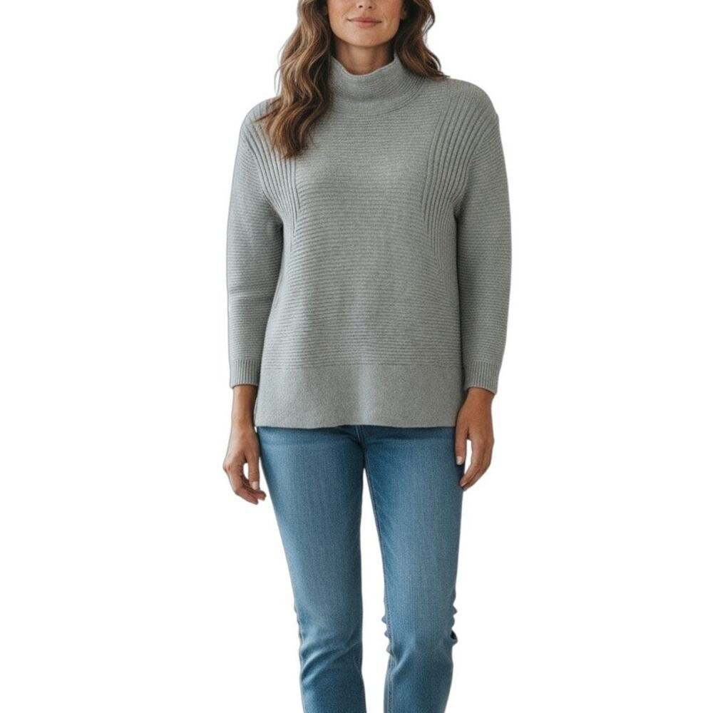 Vince Camuto Grey Mock Neck Ribbed Sweater Medium Cotton Minimalist